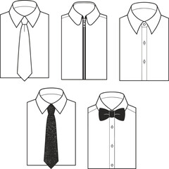 Men’s formal shirt collection, tie and bow options, front view apparel mockup, fashion design illustration, clothing template layout vectorMen’s formal shirt collection, tie and b