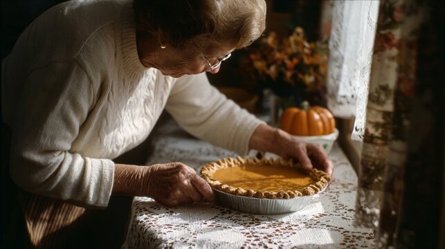 Elderly Caucasian woman lovingly crafts pumpkin pie, evoking autumnal nostalgia, Samhain whispers, and cinnamon-laced Thanksgiving warmth