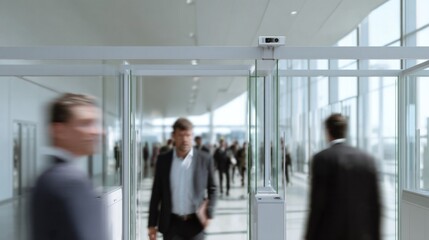 Fototapeta premium Blurry corridor bustle captures the corporate waltz of diverse professionals, matching Winter Solstice's transformative energy