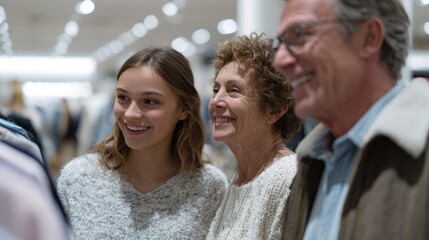 A trio of joyful Caucasian shoppers embrace laughter under fluorescent memory-laden lights, evoking Retail Therapy Day camaraderie