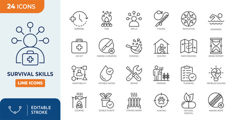Survival Skills line editable icon set. Containing hunting, cooking, swimming, planning, first aid, fishing, farming, fire, problem solving, and more. Editable stroke. Vector illustration