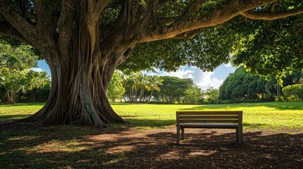 Wooden bench under large tree in a sunny park