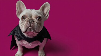 A French Bulldog dons a vampire cape against magenta hues, celebrating Howl-o-ween with canine charm and gothic flair