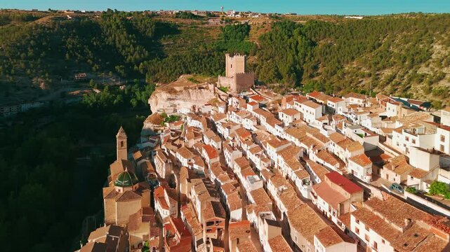 Aerial view of Jorquera town, Alcala del Jucar, Castile-La Mancha, Spain