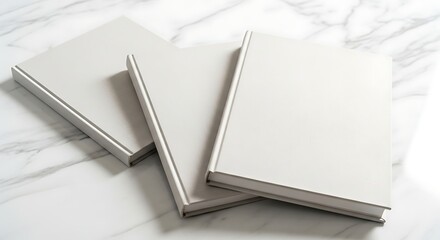 Elegant Presentation: Three Blank Hardcover Books on a Marble Background Surface
