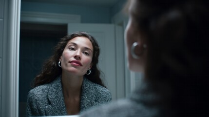 ```markdownLatina female contemplates reflection, embodying introspection and self-love during National Poetry Month and Inti Raymi contemplation```