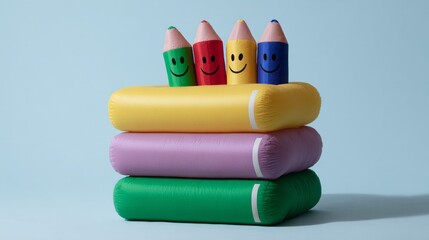 Playful inflatable crayons perched atop vibrantly stacked books, celebrating School Library Month and whimsical Back-to-School adventures