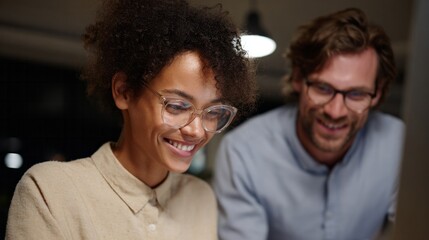 Fototapeta premium African heritage woman and European heritage man relish midnight brainstorming, capturing Creativity Day essence, technological symbiosis, nocturnal innovation