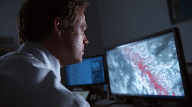 A focused Caucasian male scientist analyzing digital storm data evokes World Meteorological Day's intrigue and cryptic atmospheric symphony