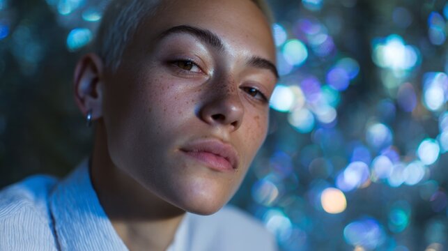 A pensive person with shimmering cosmic freckles, evoking cosmic contemplation and Dia de la Luna mysteries