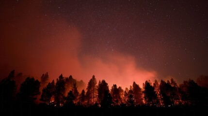A blazing forest inferno under a star-speckled sky, embracing Firebrush Festival and enchanting Tule Fog folklore mysteries