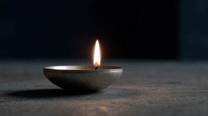 Serene metallic diya flickers gently, evoking Diwali night whispers and contemplative Zen solitude, blending cultural tapestry, spiritual glow