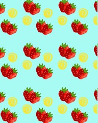 Seamless pattern featuring pairs of hand drawn red strawberries with green leaves, alternated with playful yellow spiral shapes, set against a bright light blue background.