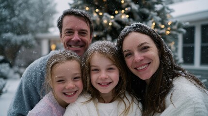 Obraz premium Cozy Caucasian family braves snowy magic under twinkling fairy lights, evoking Winter Solstice warmth, reminiscent of Hygge moments