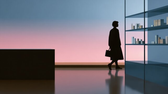 Silhouette of thoughtful Asian woman browsing pastel library shelves, echoing the tranquil essence of World Book Day