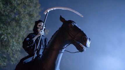 A shadowy rider cloaked in mystery embodies Samhain's eerie twilight legends, spectral figure on a spectral steed