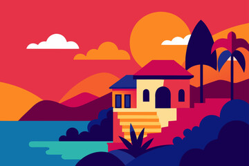 Coastal Villa Sunset A Vibrant Illustration of Mediterranean View