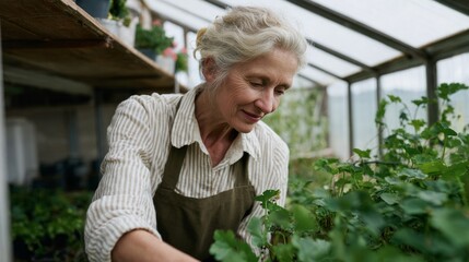 Grey-haired Caucasian woman tending verdant greenhouse plants, embodying gardening zen during Peace with Nature Day and World Planting Week