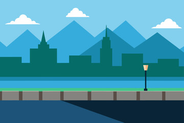 Obraz premium Empty City Embankment with Mountain Skyline