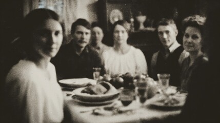 A sepia-toned dinner gathering captures a bygone era, evoking nostalgic whispers of Samhain and Candlemas with solemn grace
