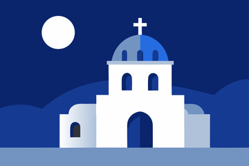 Obraz premium Old White Church with a Bell Tower under the Moonlight