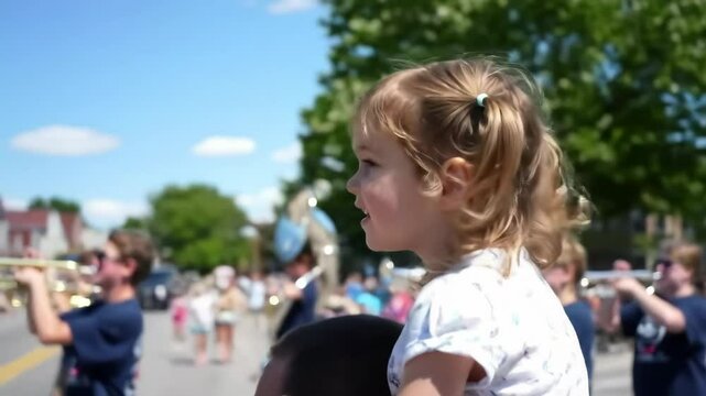 young girl on father's shoulders watches labor day parade. child's face filled with awe as marching band passes. concept of joy, community spirit, family lifestyle