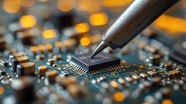 Pliers Holding Microchip on Circuit Board Vector Macro, 3D Render High Detail for Semiconductor Education, Hardware Repair