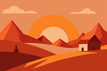 Sunset Desert Landscape Vector Illustration with Mountains