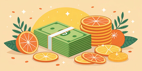 Golden Harvest: Money and oranges arranged in an artistic illustration. Metaphor for financial growth and abundance, symbolizing prosperity and the fruits of labor.
