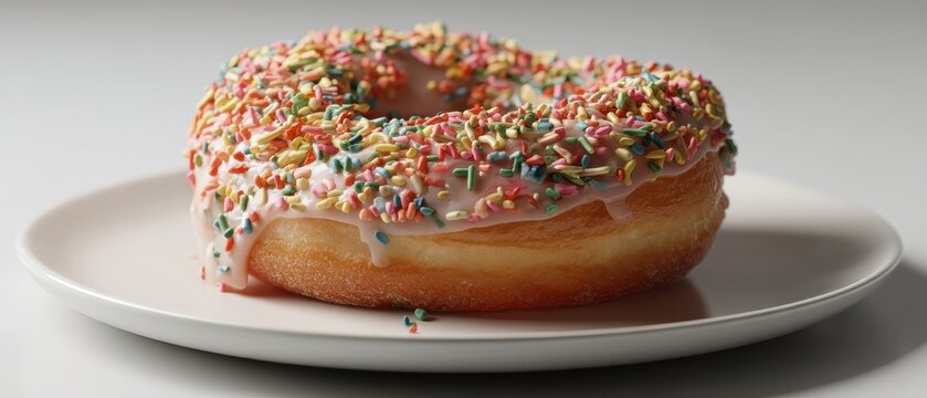 Glazed donut with colorful sprinkles on white plate