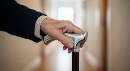 A close-up of a hand gripping a silver-handled cane. The background features a blurred hallway with warm lighting. The scene suggests mobility assistance for seniors.