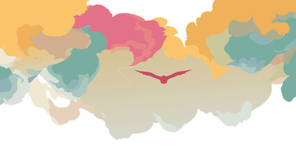 Obraz premium Aesthetic painting of a bird flying through colorful clouds in a serene and dreamy atmosphere scene