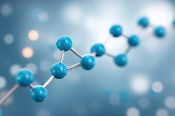 Obraz premium Abstract molecular structure with blue spheres connected by metallic rods bokeh background