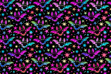 Bright colorful cartoon bats. Seamless pattern