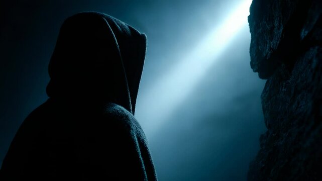 Mysterious figure in shadow illuminated by light in an eerie setting at night