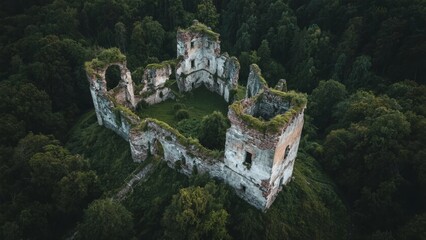 Fototapeta premium Aerial View of Ancient Ruins Surrounded by Lush Forest