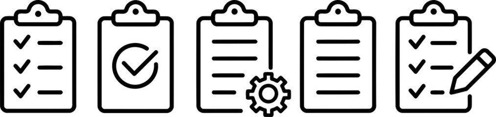 Clipboard icon png set. Checklist on the clipboard line icon with checkmarks, checklist, document, gear, pencil. Checklist symbol.
