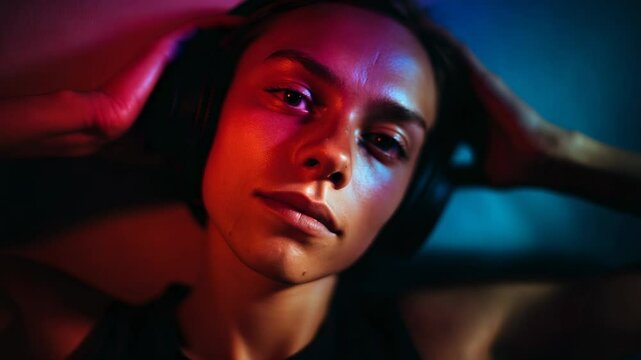 Young woman enjoys music in vibrant colors with headphones under dramatic lighting in an artistic setting