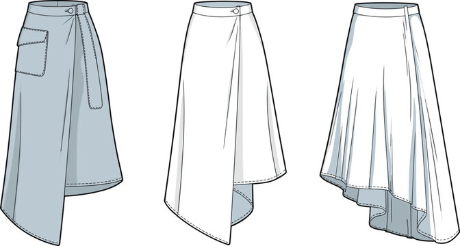 CAD drawing flat vector illustration of three asymmetrical hem wrap skirts with pocket, flare and pleats, technical fashion sketch