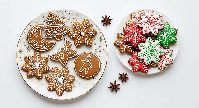Delicious Festive Gingerbread Cookies:  Assorted Shapes and Colors on Elegant Plates,  Overhead Studio Shot, Christmas Baking Theme.