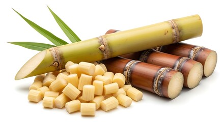 Fresh Sugarcane Stalks and Cut Pieces:  High-Resolution Studio Shot,  Vibrant Colors,  Clean White Background,  Natural Sweetness Theme.