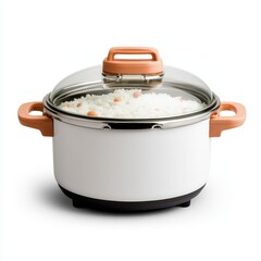 Modern White Cooking Pot with Lid and Cooked Rice Inside