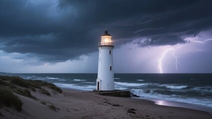 Lighthouse Illuminated by Lightning During a Stormy Night