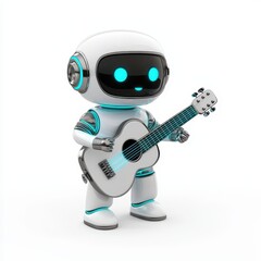 Cute Robot Playing Guitar in White Background with Neon Accents