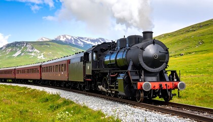 Naklejka premium Scenic steam train journey through alpine meadows
