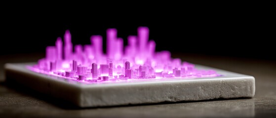 Miniature cityscape with purple lights and illuminated buildings on a textured base