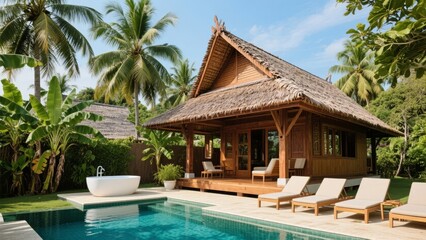 Obraz premium Tropical Villa with Pool and Outdoor Bathtub Surrounded by Lush Greenery