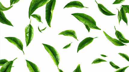 Green Leaves Floating: A collection of vivid green leaves gracefully float against the backdrop, showcasing the essence of nature and freshness.