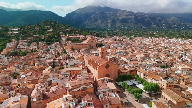 Aerial view of the picturesque town of Pollensa in Mallorca, Balearic Islands, Spain.