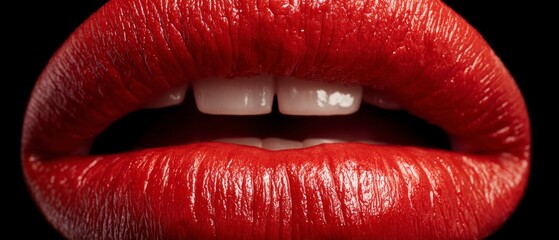 Extreme close up of glossy red lips with visible teeth against a dark background
